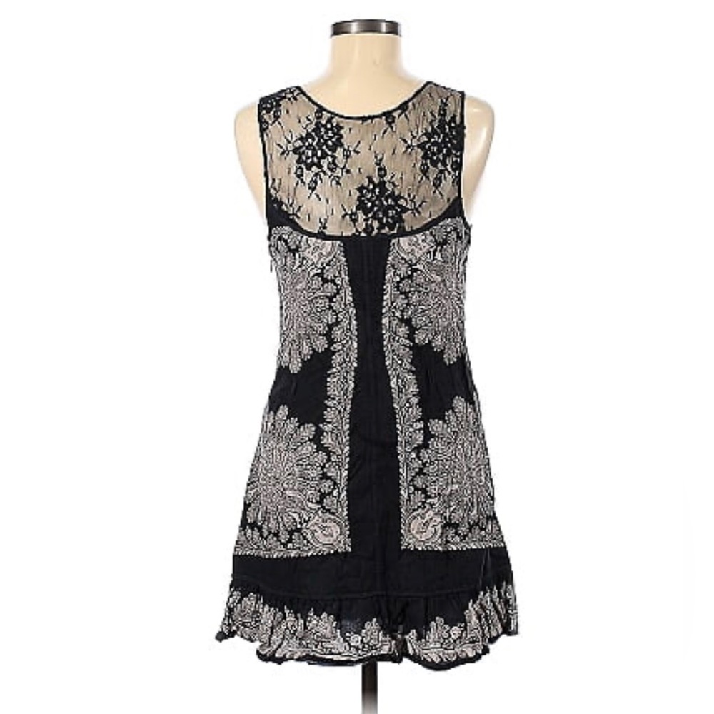 Free People Peacock Shift Mini Dress 8 Linen Lace Ruffle Embroidered Boho Floral - Picture 5 of 16